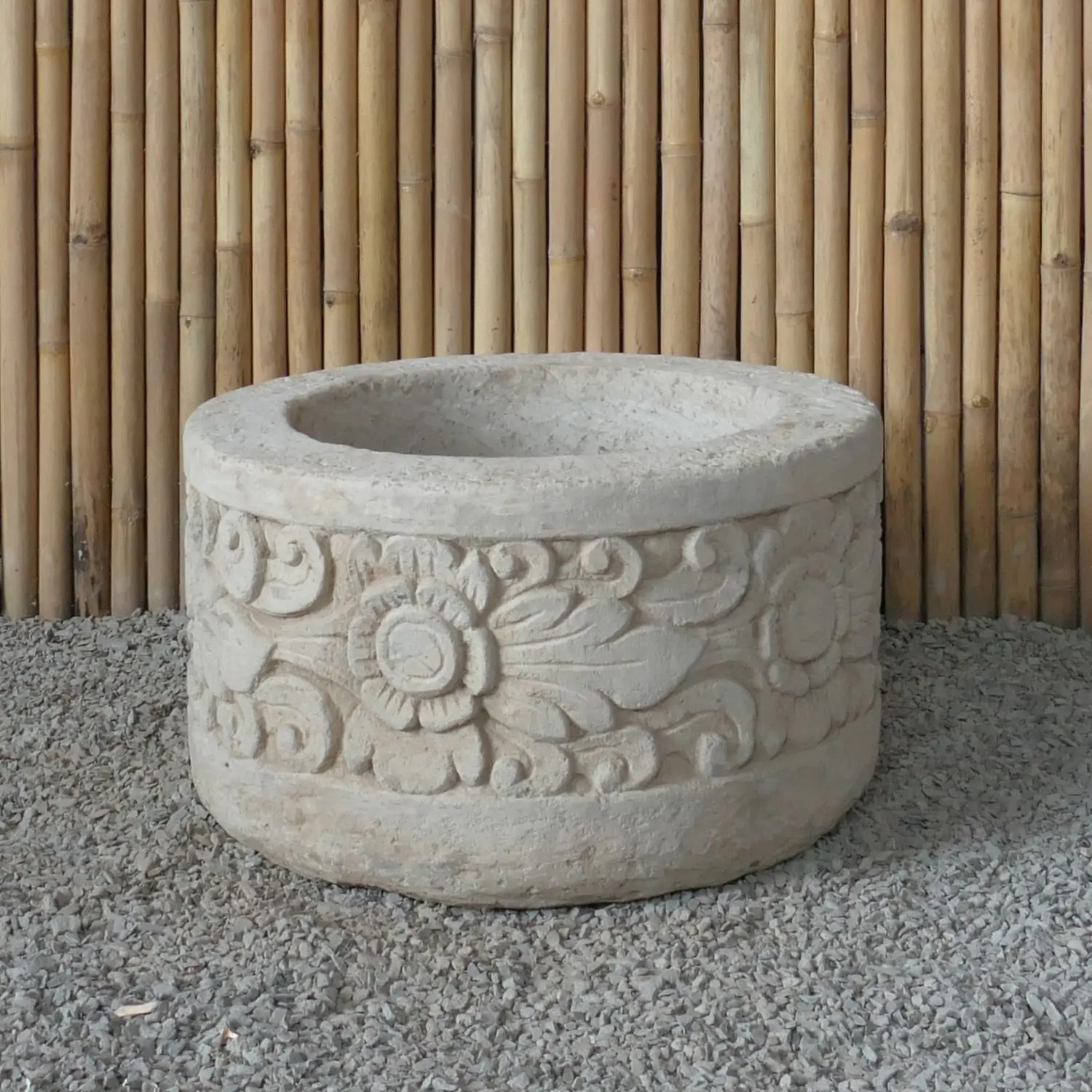  Product image 3 of the product “Balinese style tube round pot, with carving - 70cm Dia., 40 cm Height, Taro sand ”